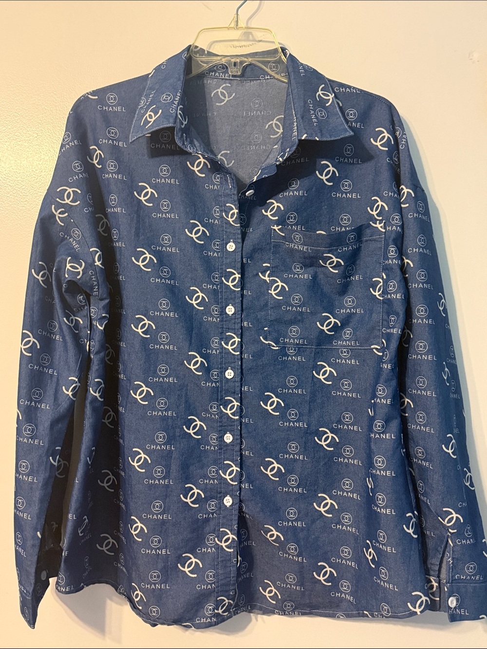 CHANEL Navy Blue All-Over Logo Button-Down Shirt